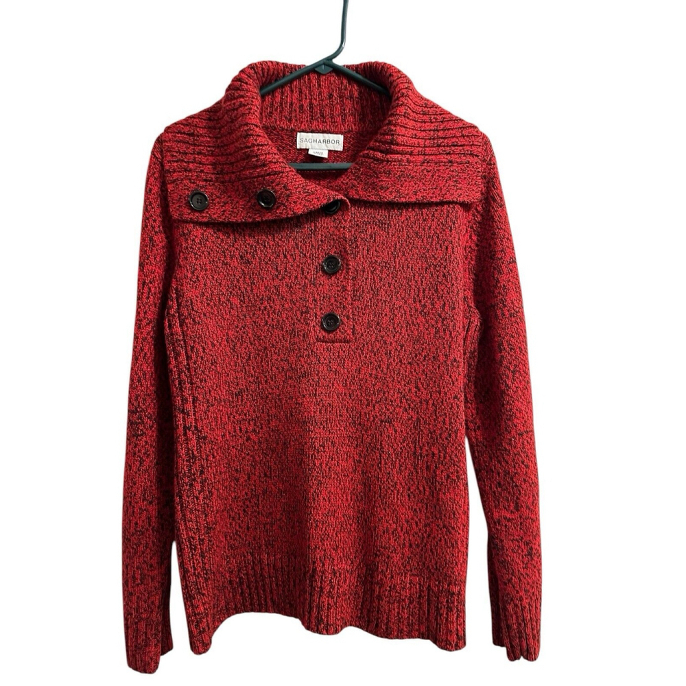 Sag Harbor Womens L Holiday Knit Sweater Cardigan Shawl Collar Button Turtleneck